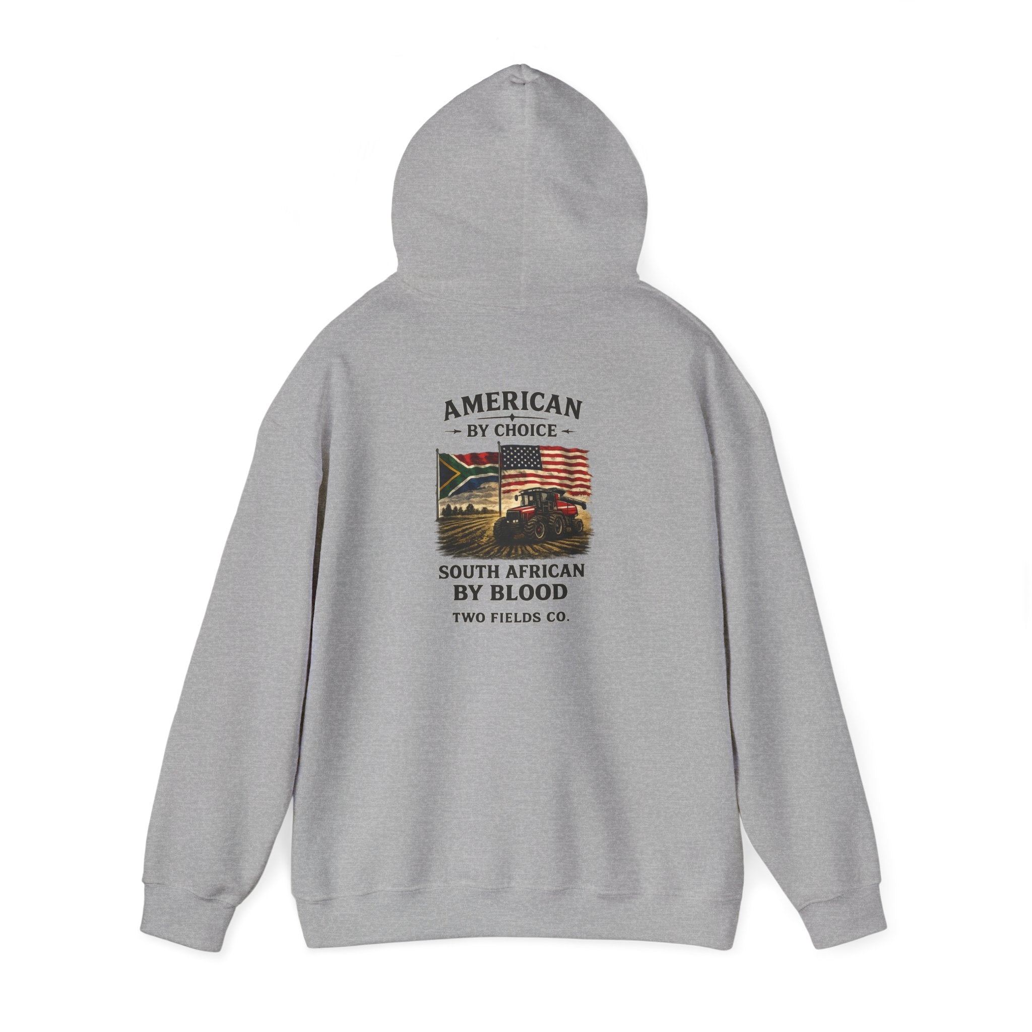 Dark grey pullover hoodie, back view with printed logo and slogan