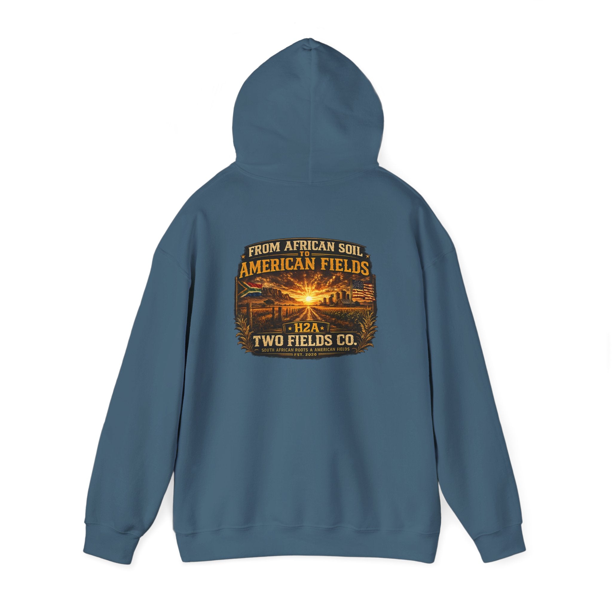 Teal blue hoodie pullover with hood up, back view featuring centered vintage-style graphic