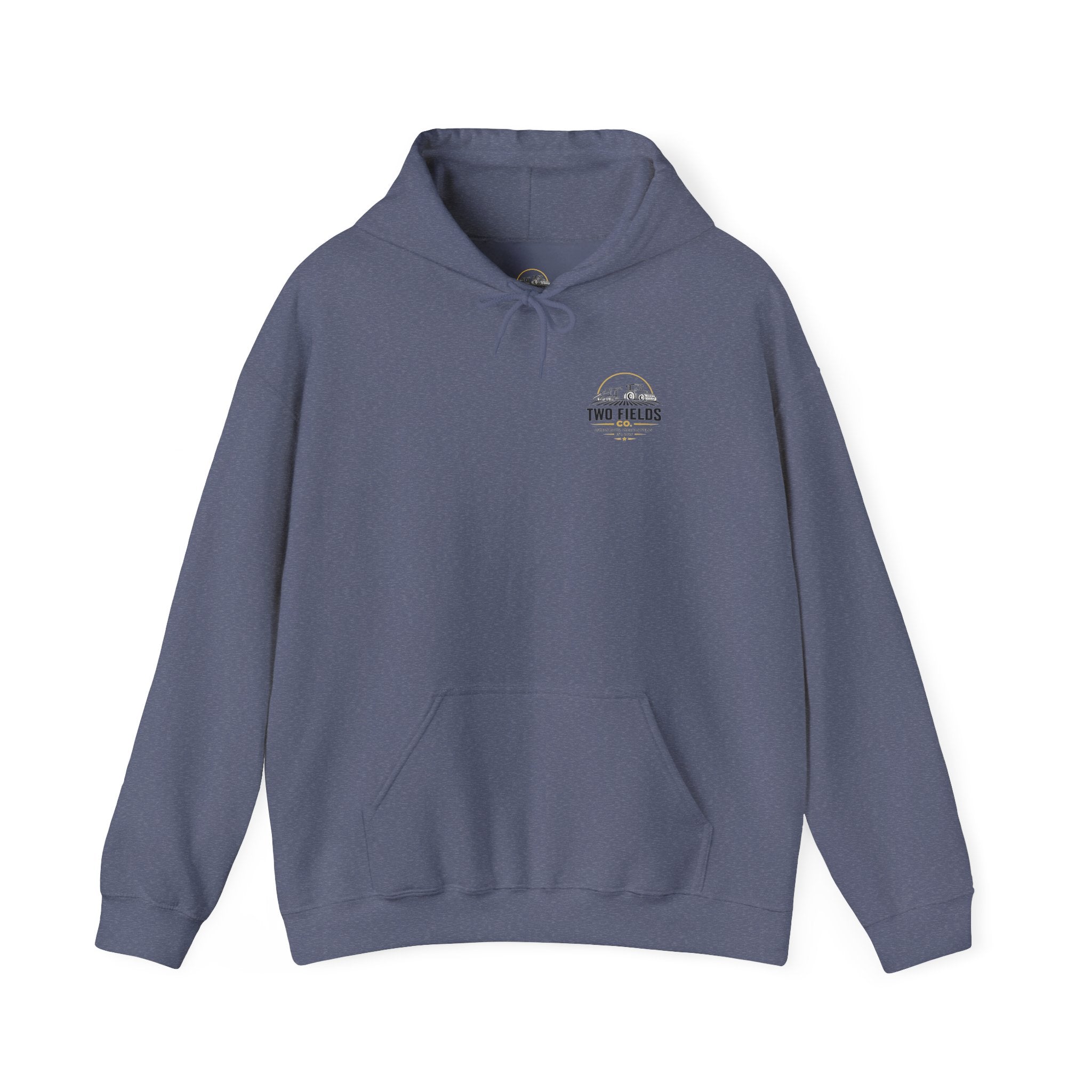 Slate blue hoodie with small sunset farm graphic on chest and front pocket
