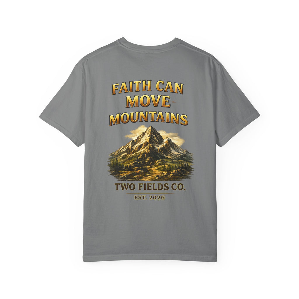 Gray mountain graphic T-shirt with front slogan and Two Fields logo