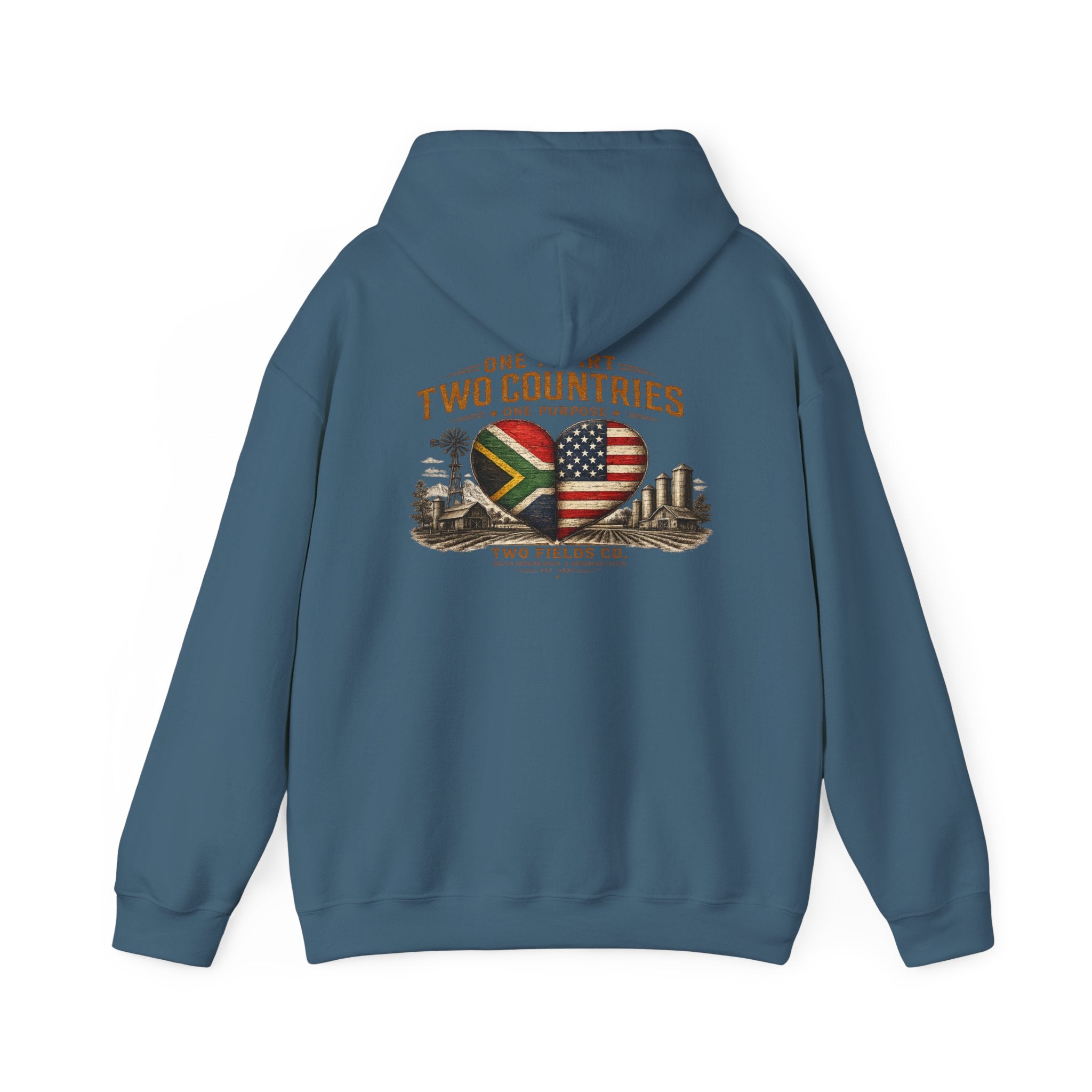Caribbean blue pullover hoodie with hood and heart-and-flag graphic on back