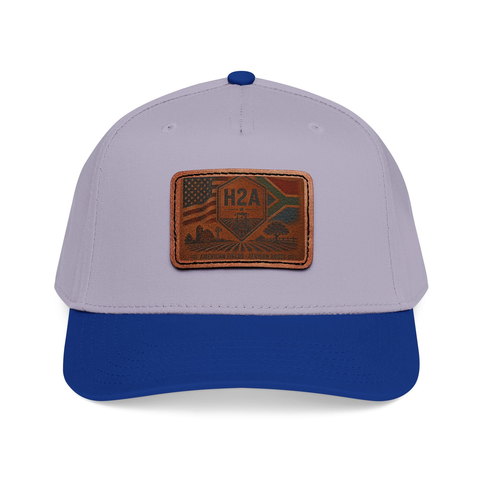 Two-tone baseball cap, light gray crown with royal blue brim, rectangular H2A patch