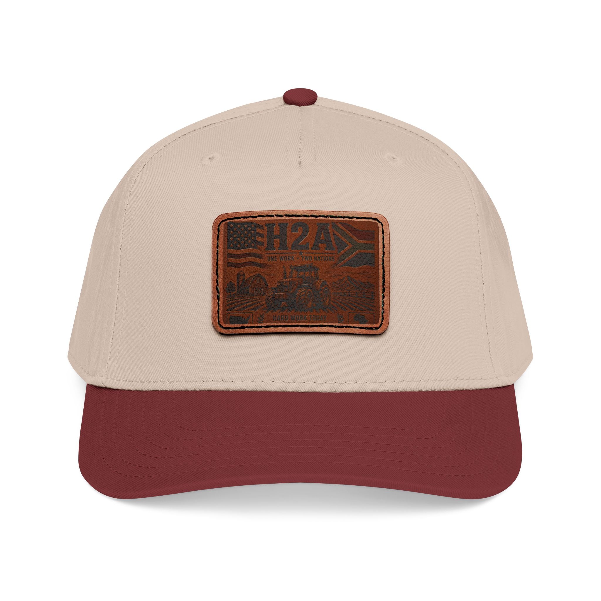 Leather patch baseball cap with rectangular H2A vintage truck patch; light beige crown, maroon brim
