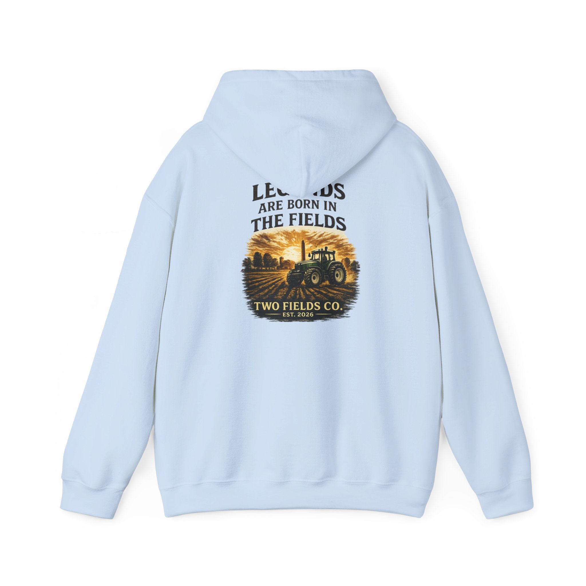 Light blue tractor graphic back hoodie with hood, pullover style, and front pouch pocket