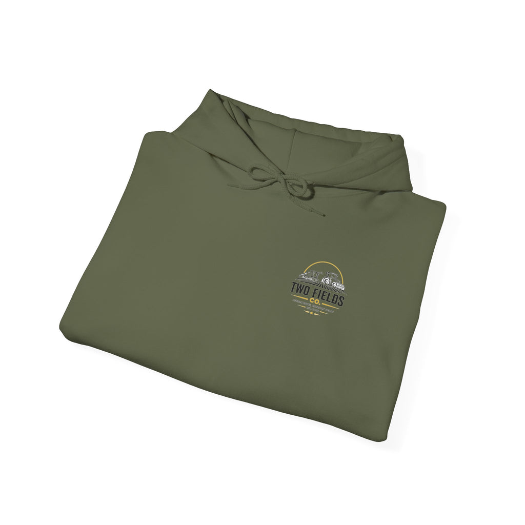 Military green hoodie laid flat, with “Two Fields” logo on chest.