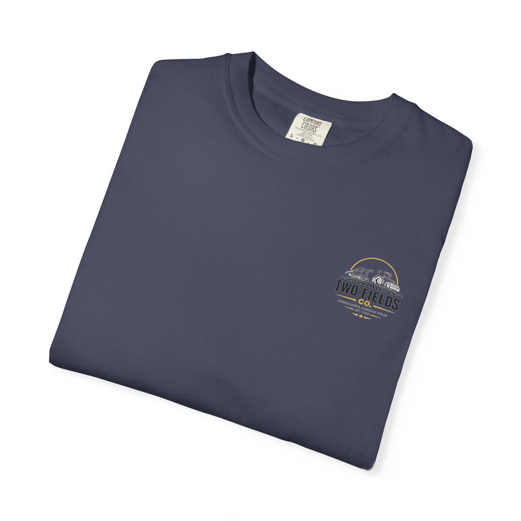 Christian farm cross graphic T-shirt, dark blue folded with small chest logo
