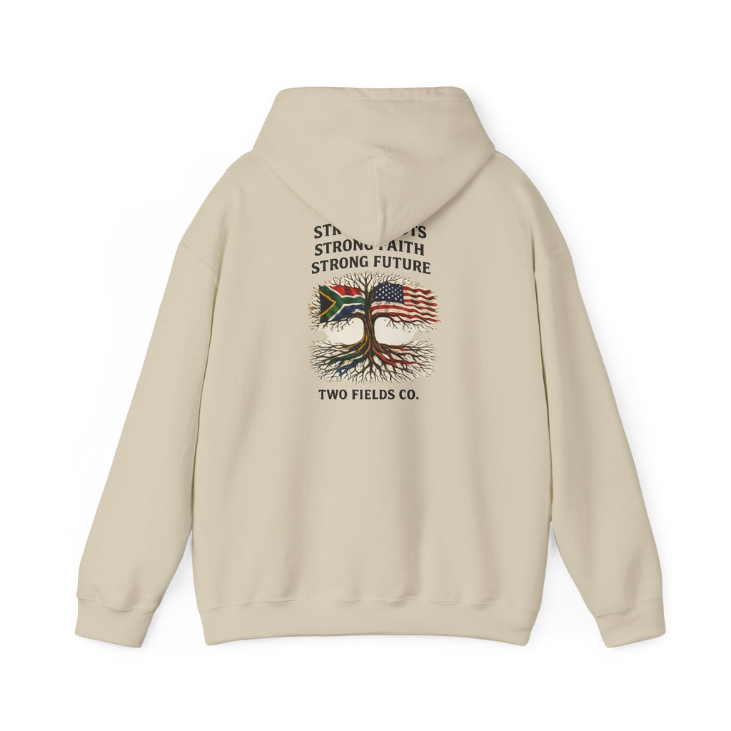 Cream hoodie with hood and front graphic of tree, U.S. flag, and text