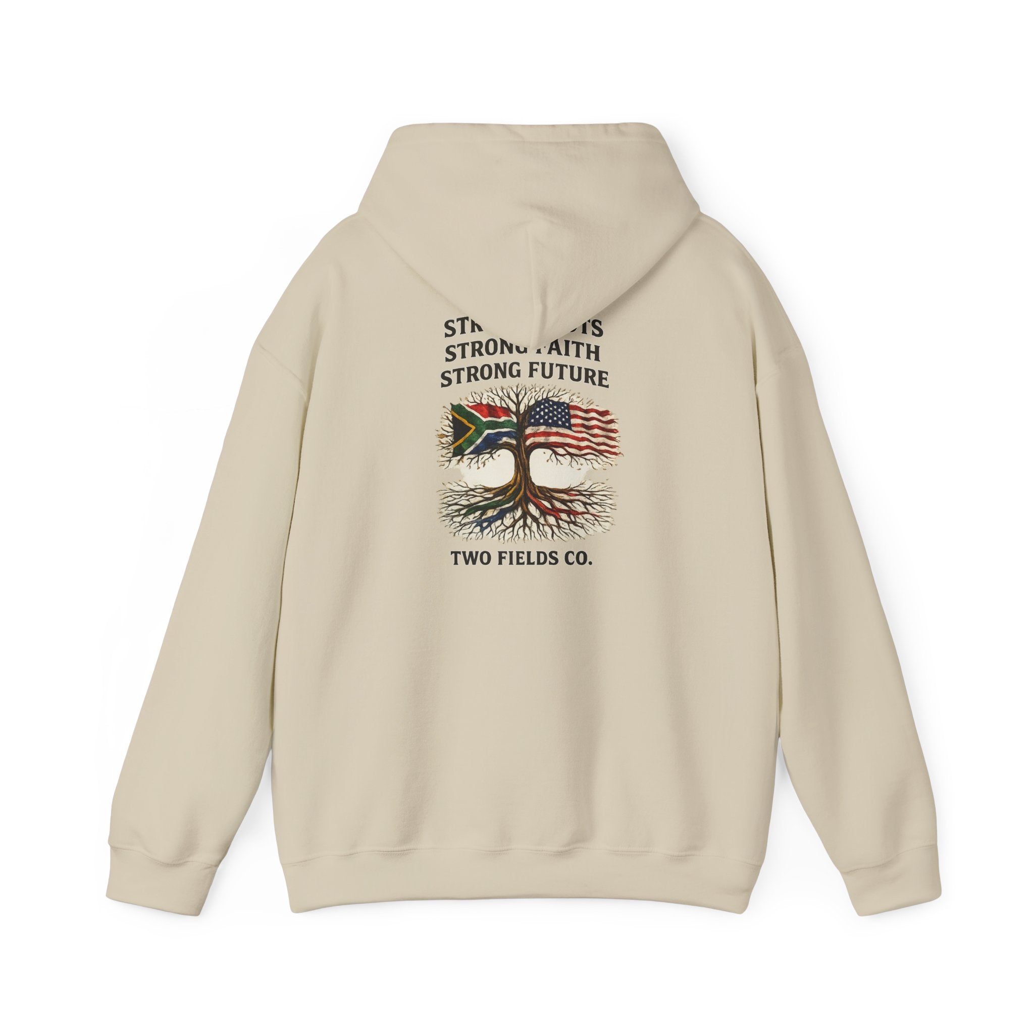 Cream hoodie with hood and front graphic of tree, U.S. flag, and text