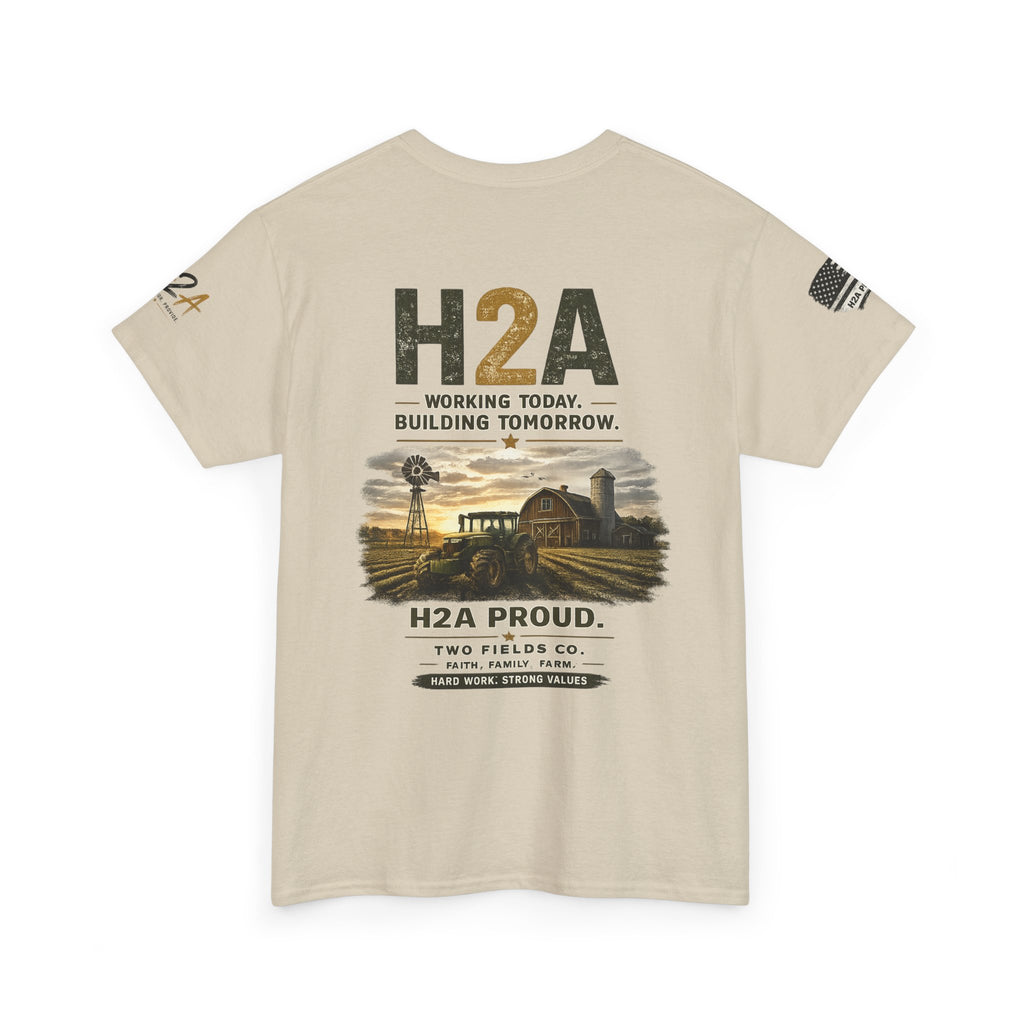 Sand H2A farming T-shirt with H2A farm graphic and text on back