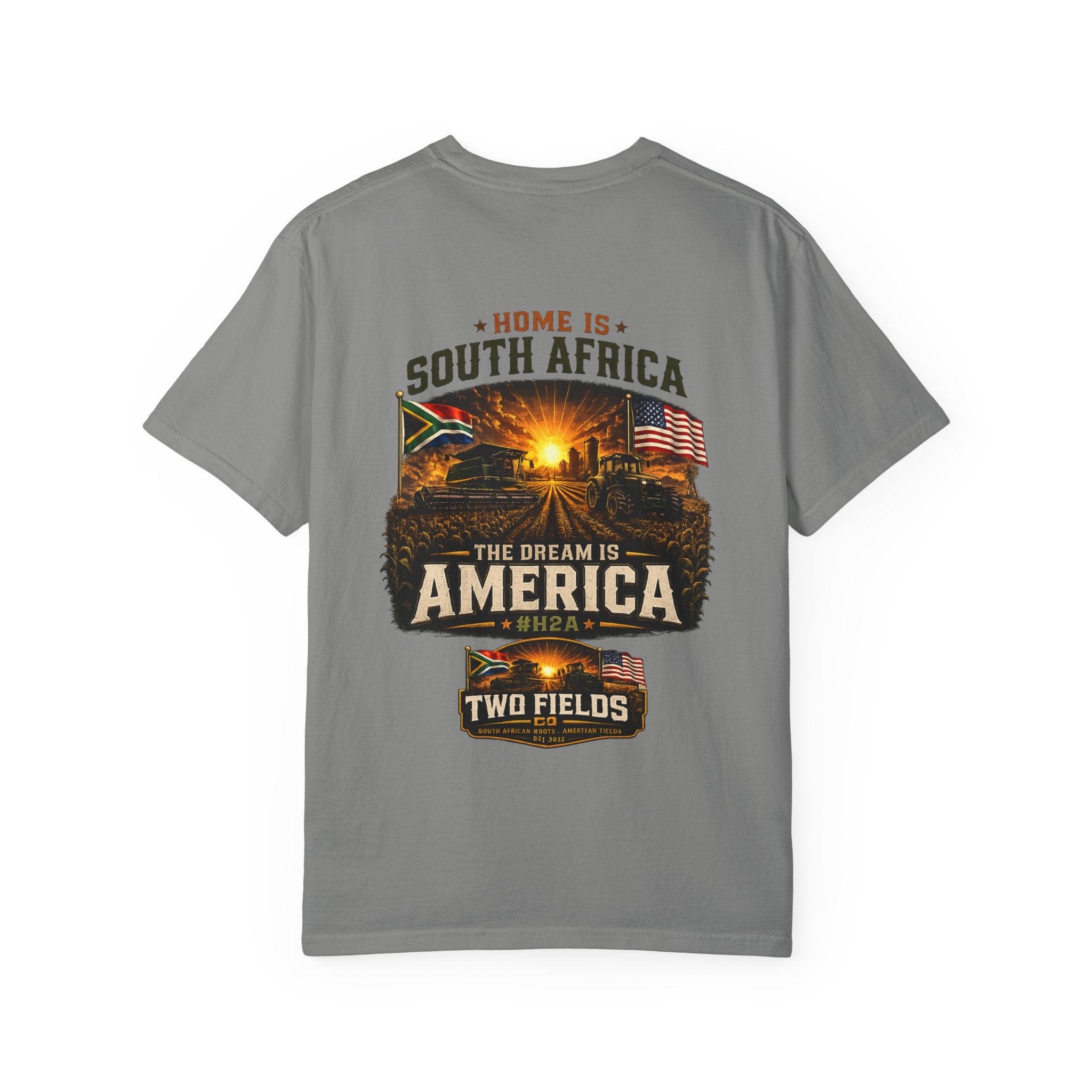 Gray crew-neck graphic T-shirt with South Africa and America front print