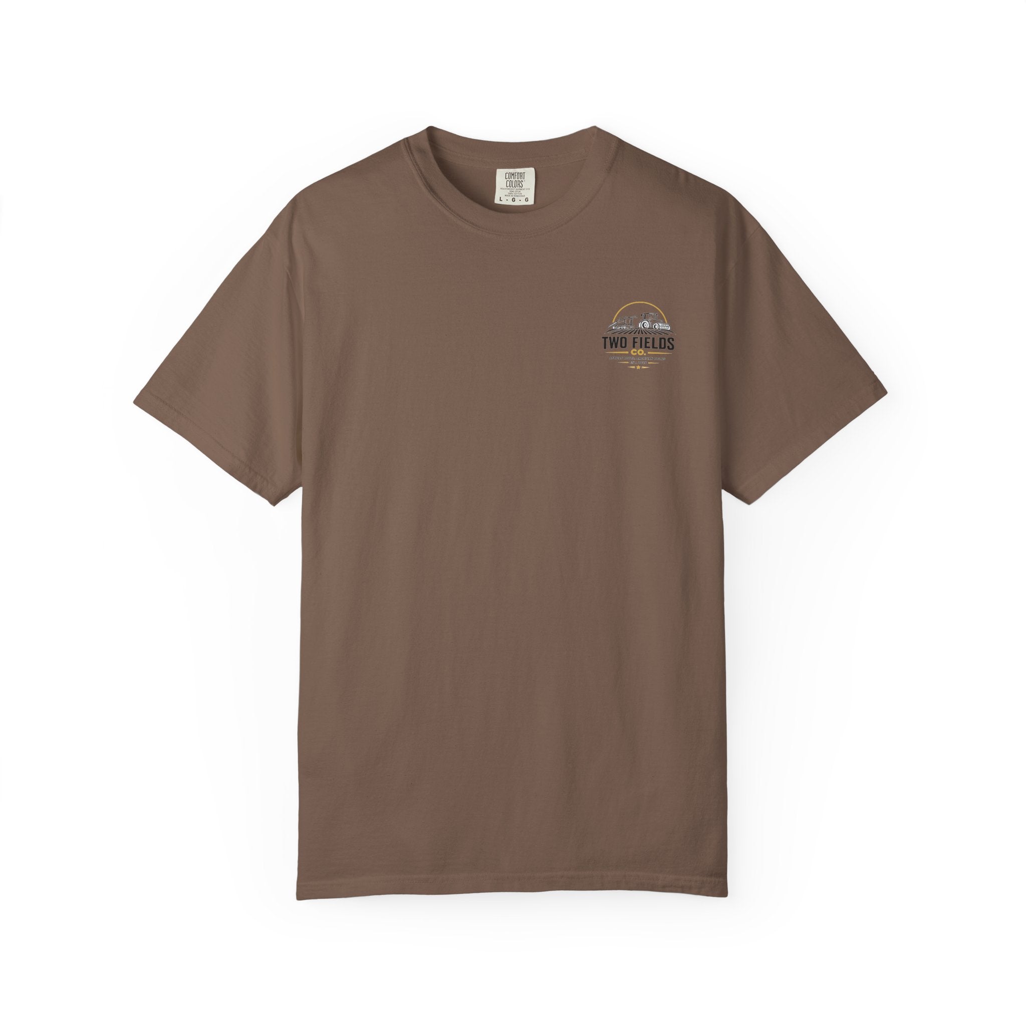 Brown graphic T-shirt with small Two Fields emblem on left chest