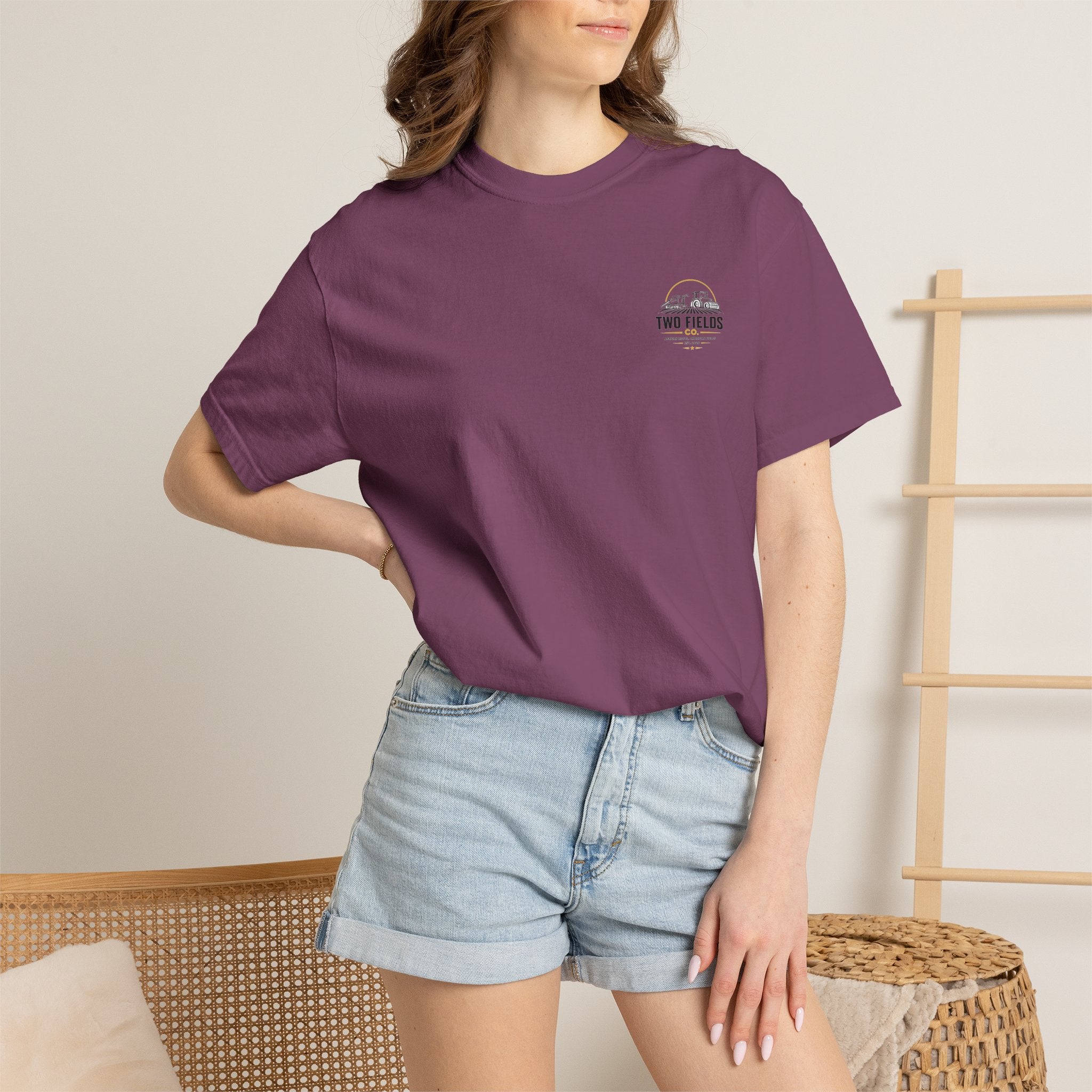 Plum T-shirt with small Two Fields logo on the left chest