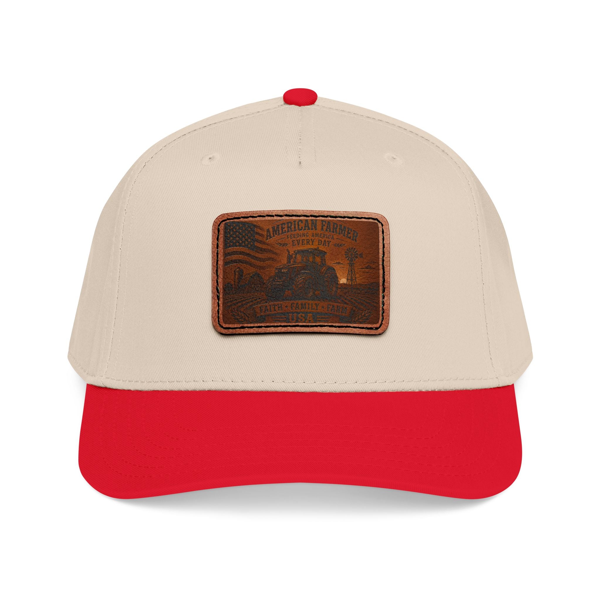 Baseball cap in beige with red brim and rectangular leather patch on front
