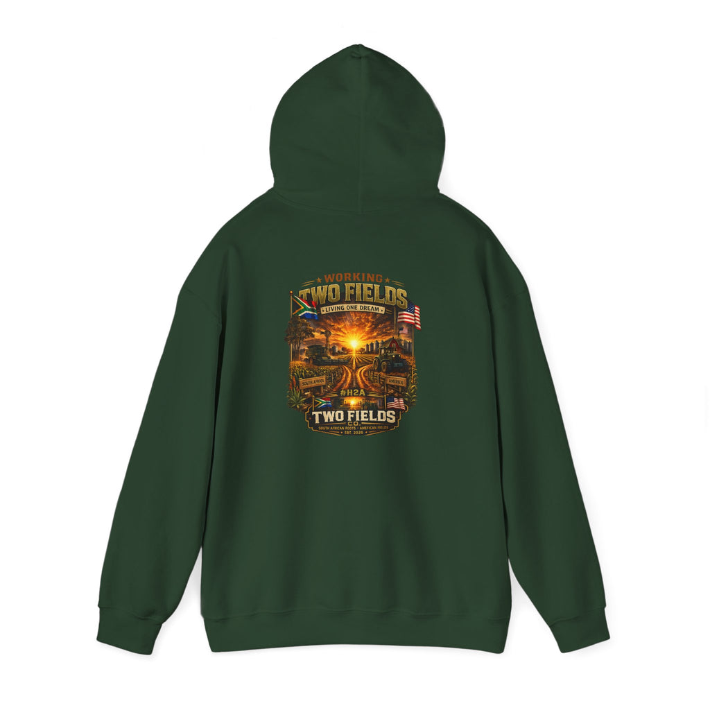 Forest green pullover hoodie with back chest sunset farm graphic