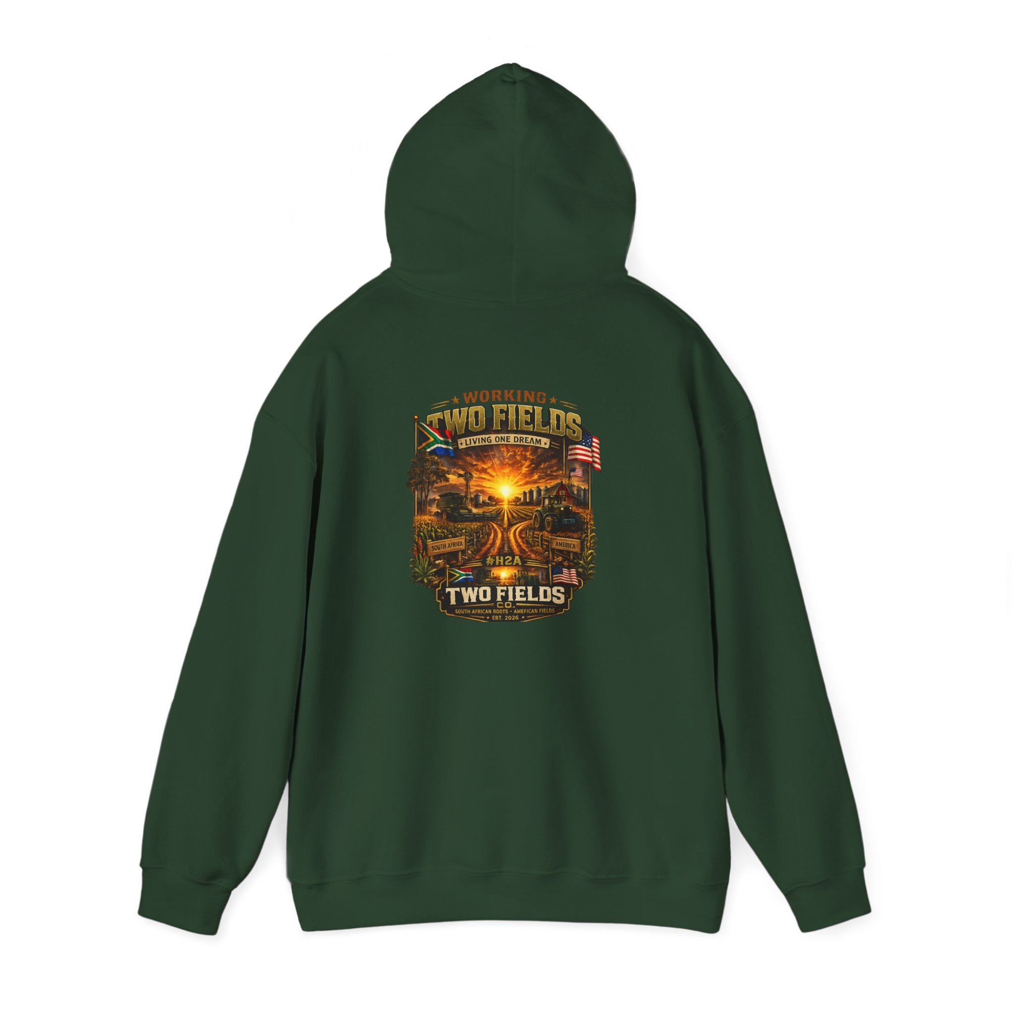 Forest green pullover hoodie with back chest sunset farm graphic