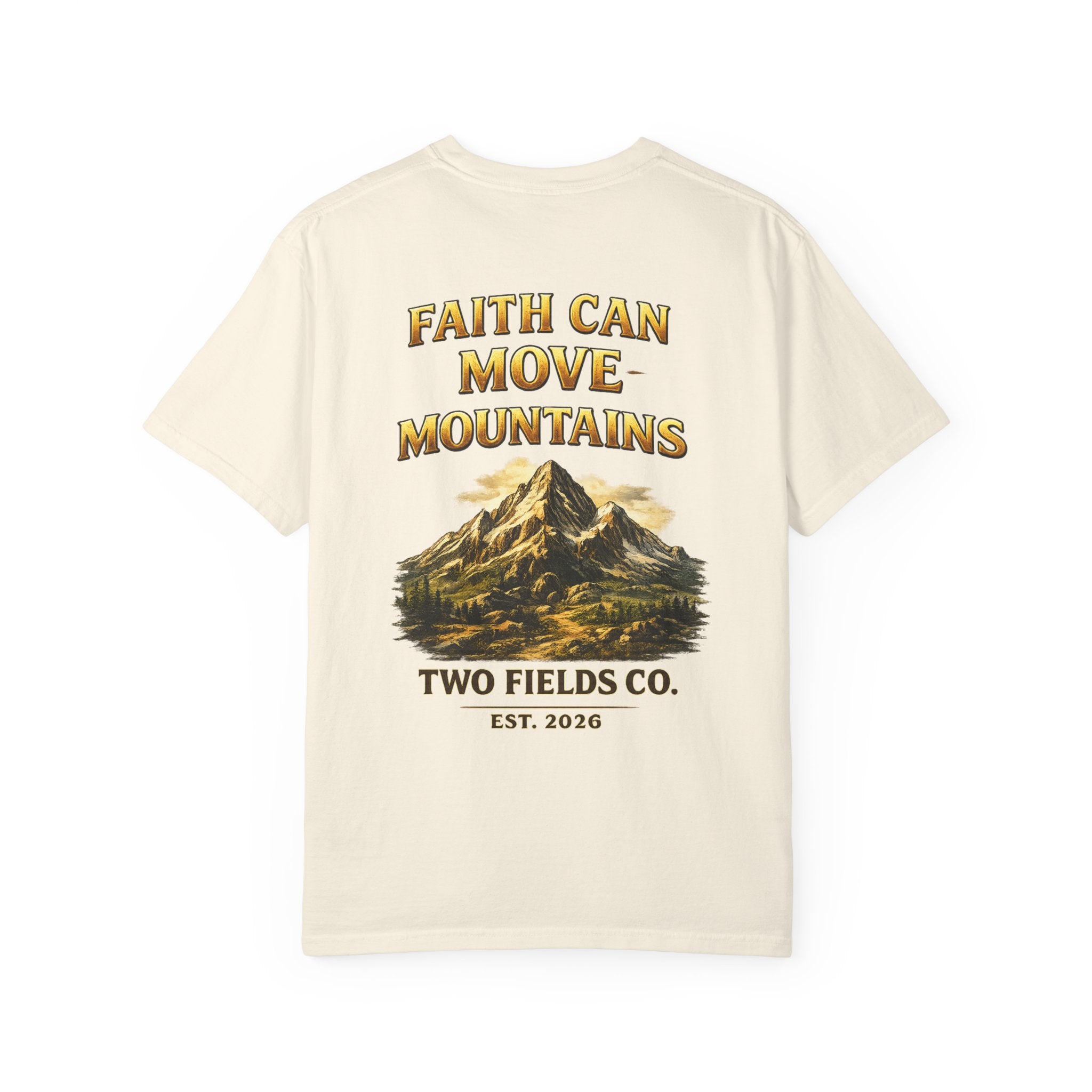 Cream crewneck t-shirt with faith can move mountains mountain graphic front