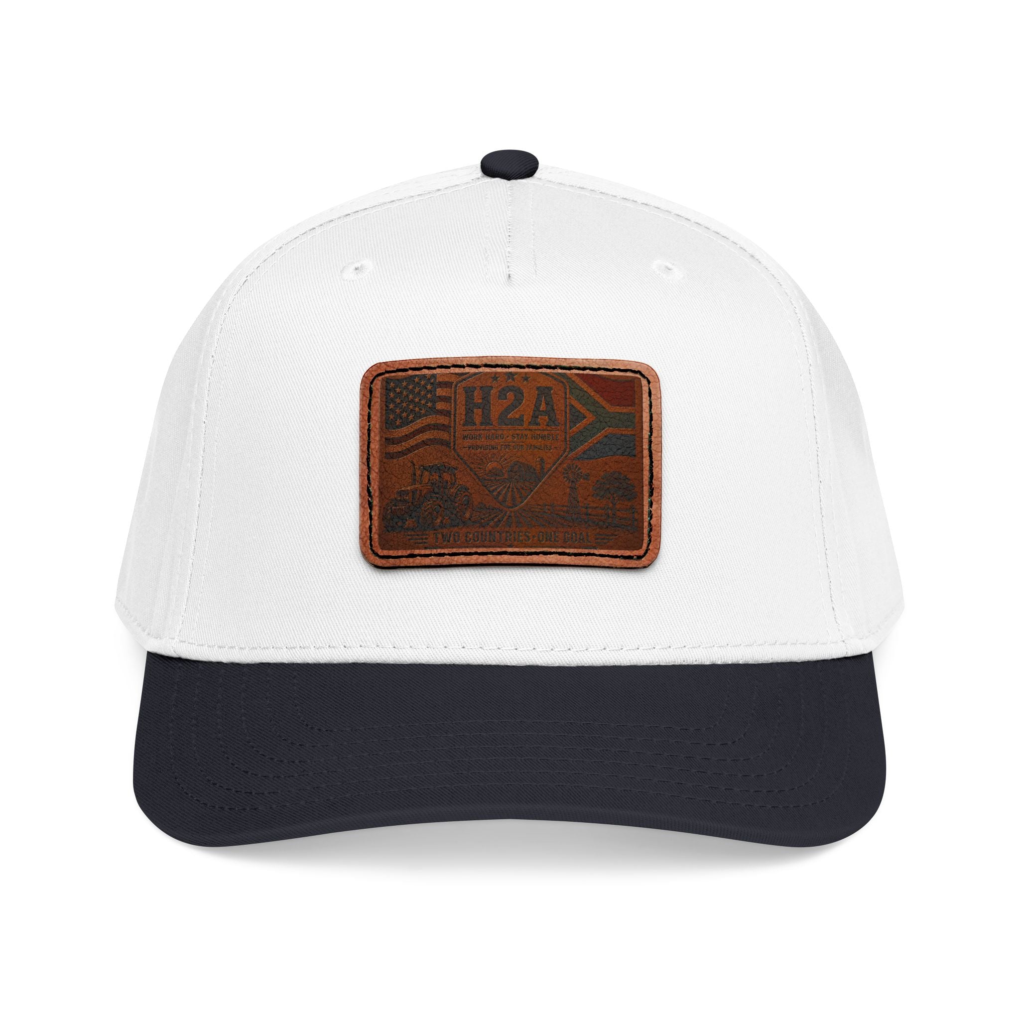 Mid-profile baseball cap in white with a rectangular leather H2A vintage flag patch