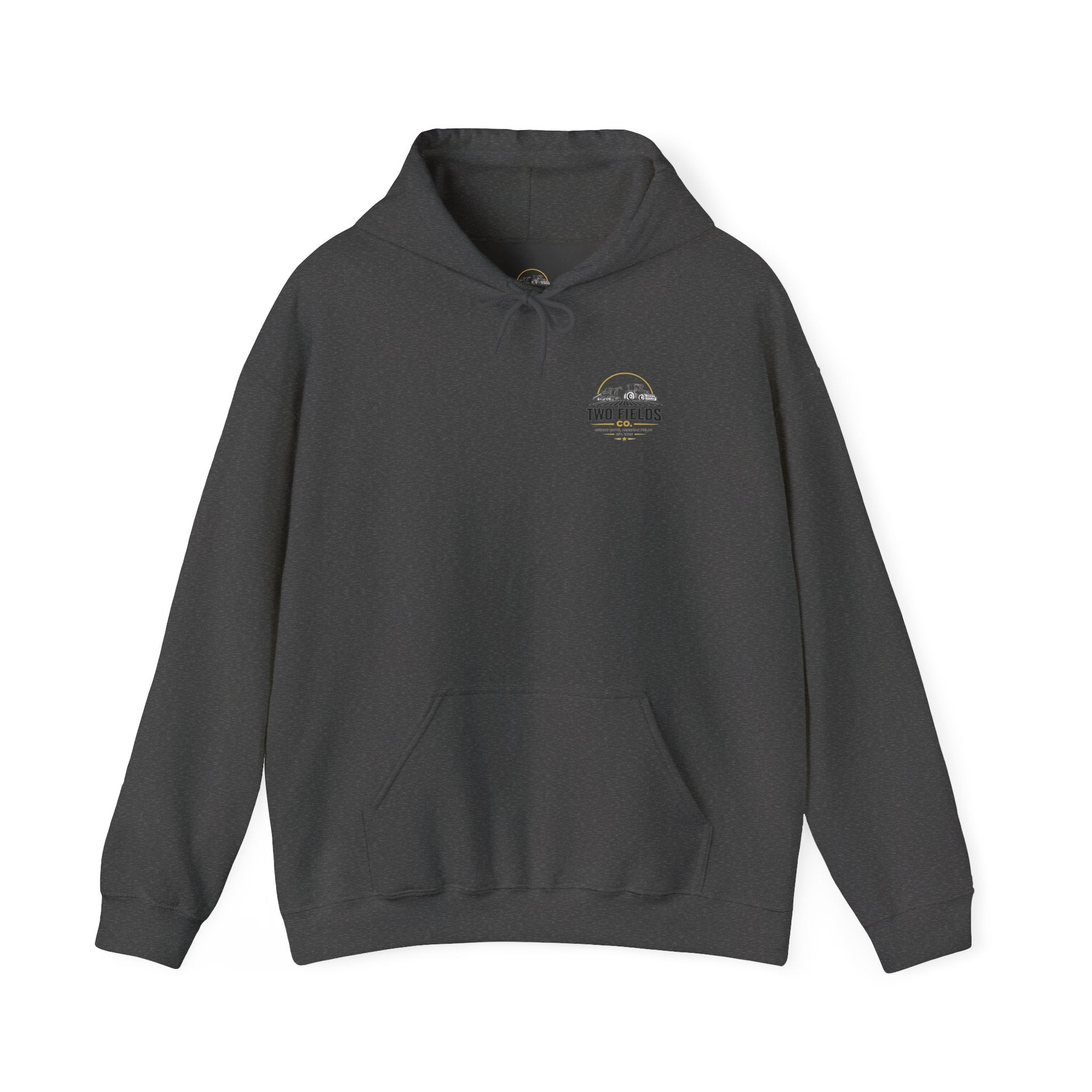 Charcoal graphic hoodie with hood and drawstrings, front pouch pocket, small chest logo