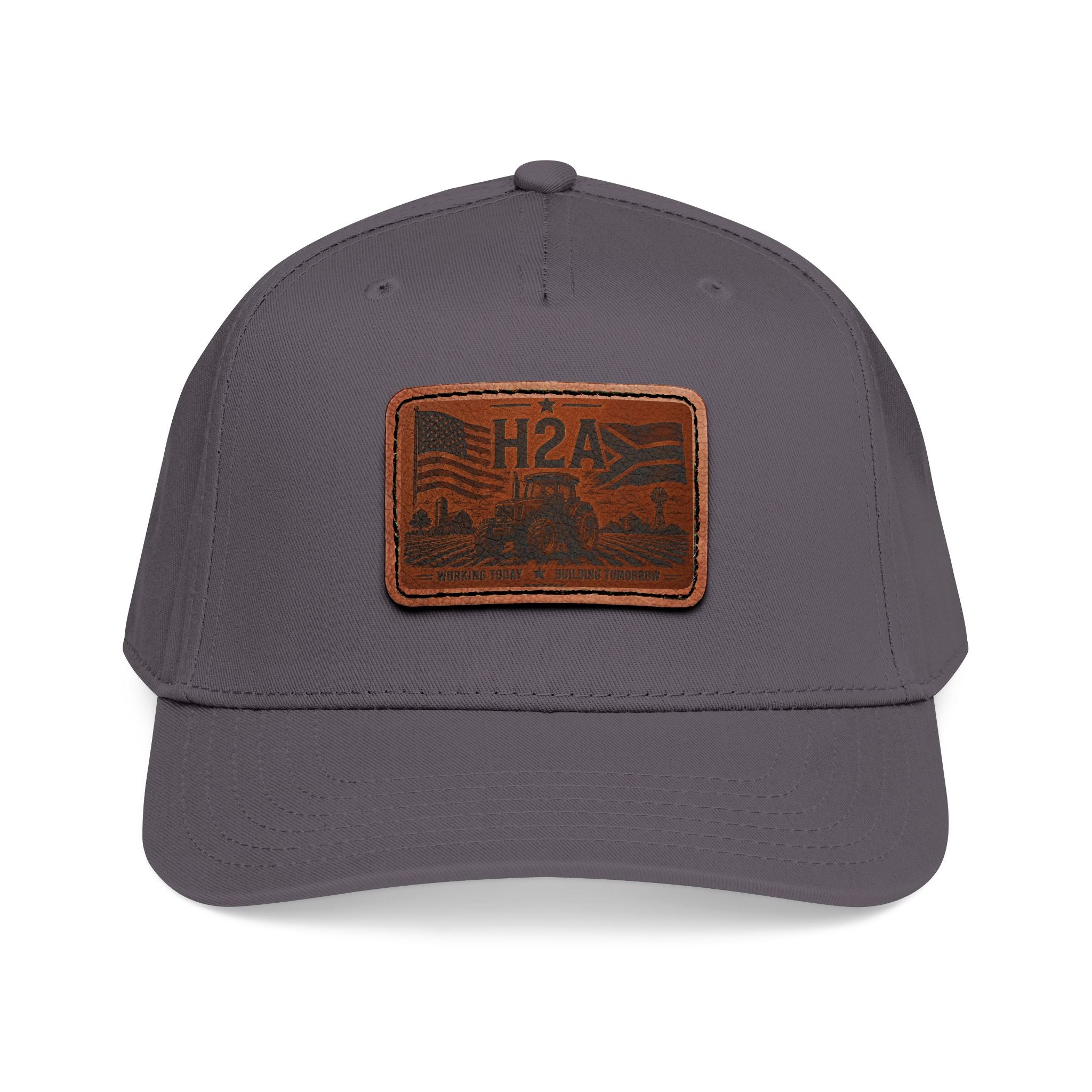 Gray trucker baseball cap with matching gray brim and brown leather-look H2A patch.