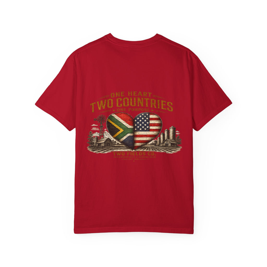 Red T-shirt with heart flag graphic and skyline print on front