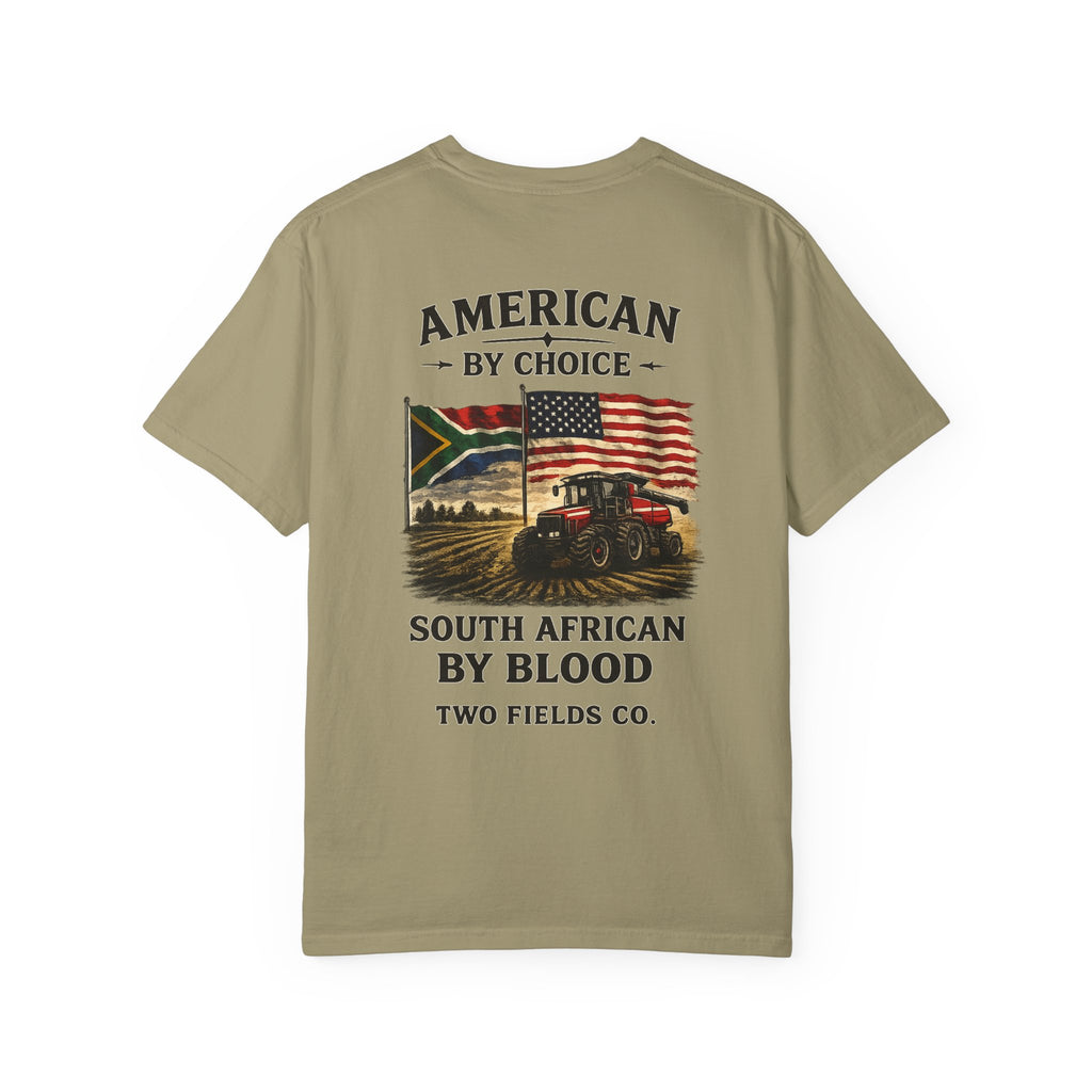 Olive graphic t-shirt with large front text and flag tractor artwork