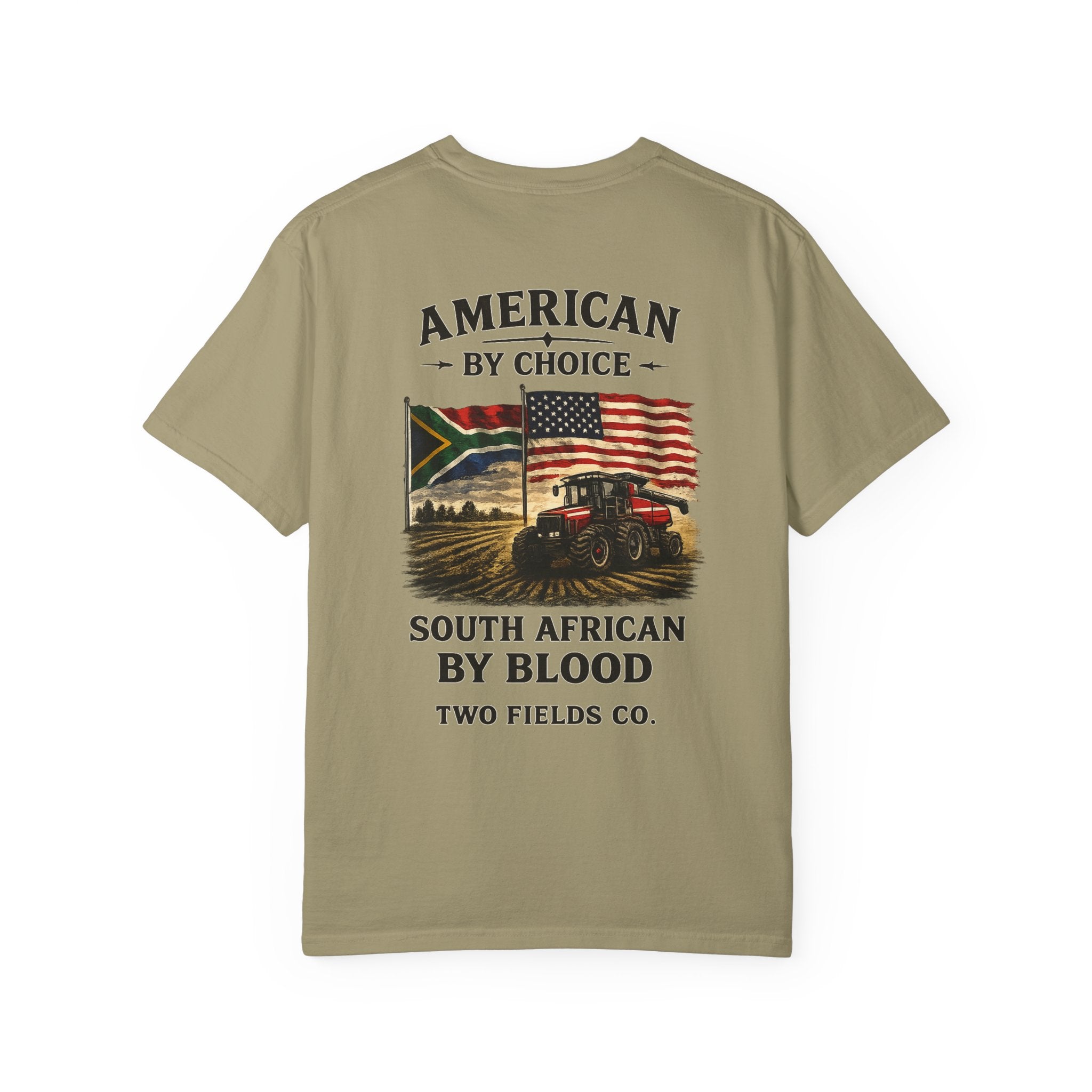 Olive graphic t-shirt with large front text and flag tractor artwork