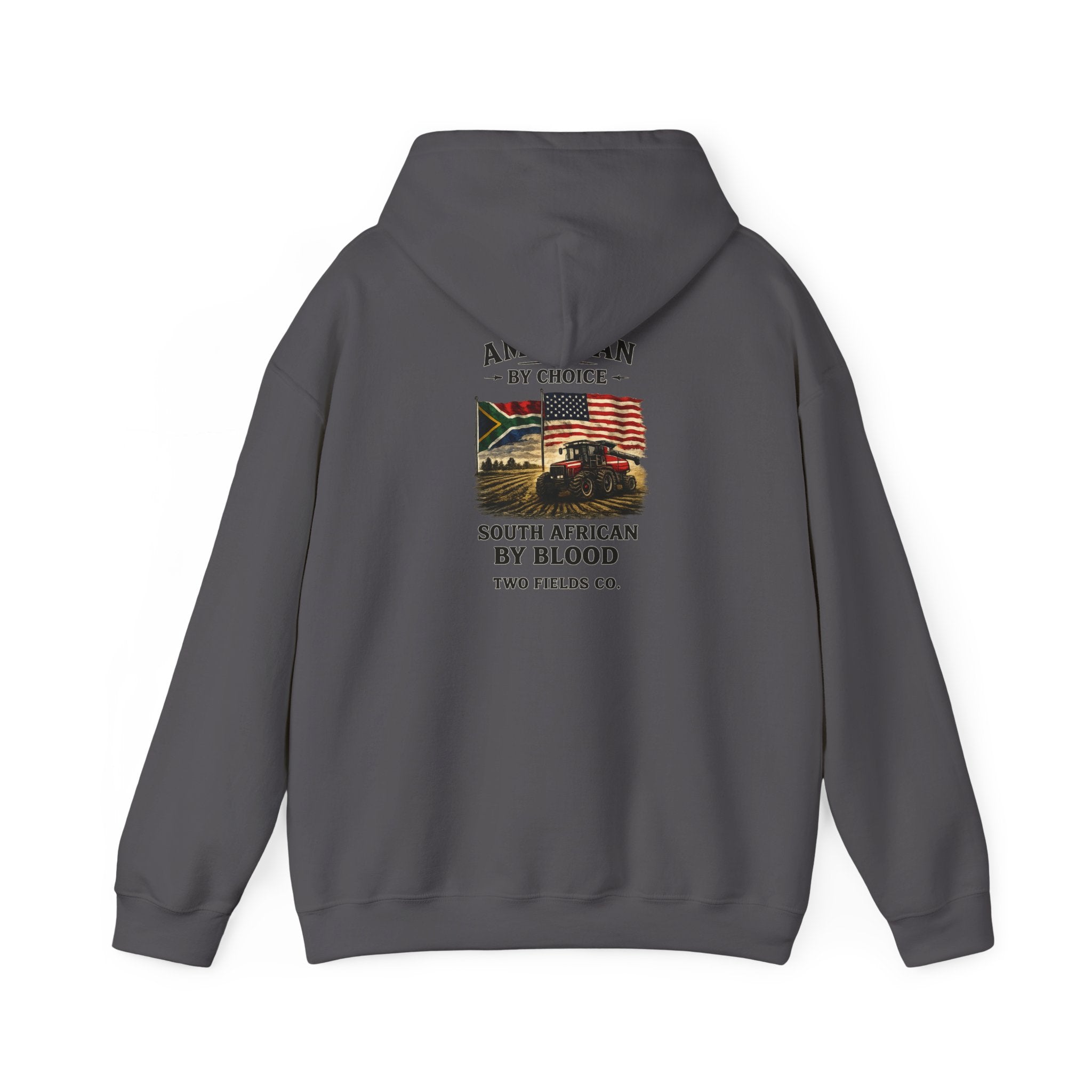 Charcoal pullover hoodie with back graphic emblem and hood