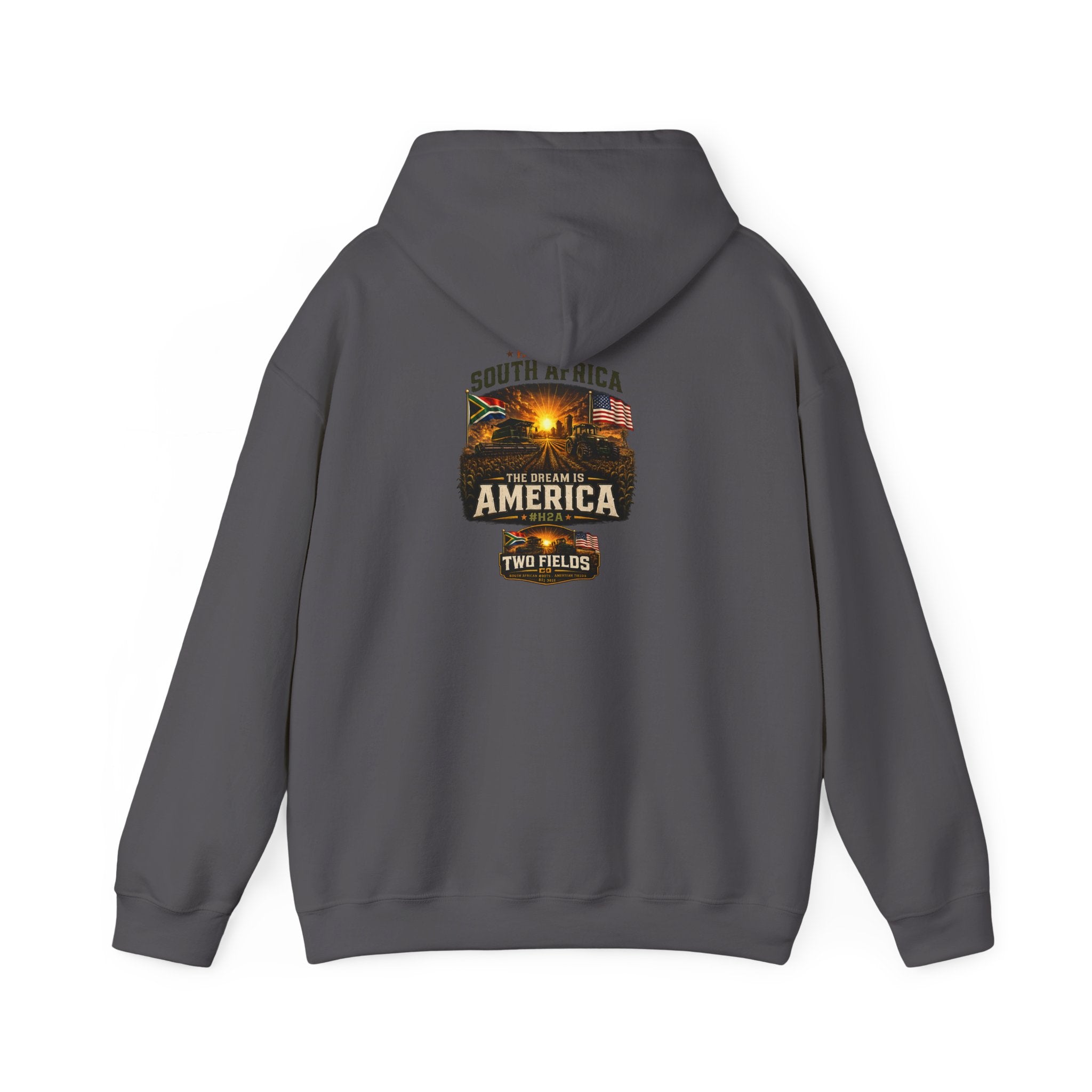 Charcoal gray hoodie with hood and printed travel graphic on back