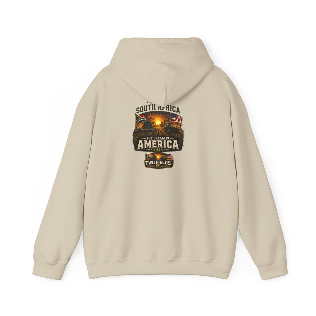 Cream hoodie with kangaroo pocket and “South Africa America Two Fields” vintage graphic.