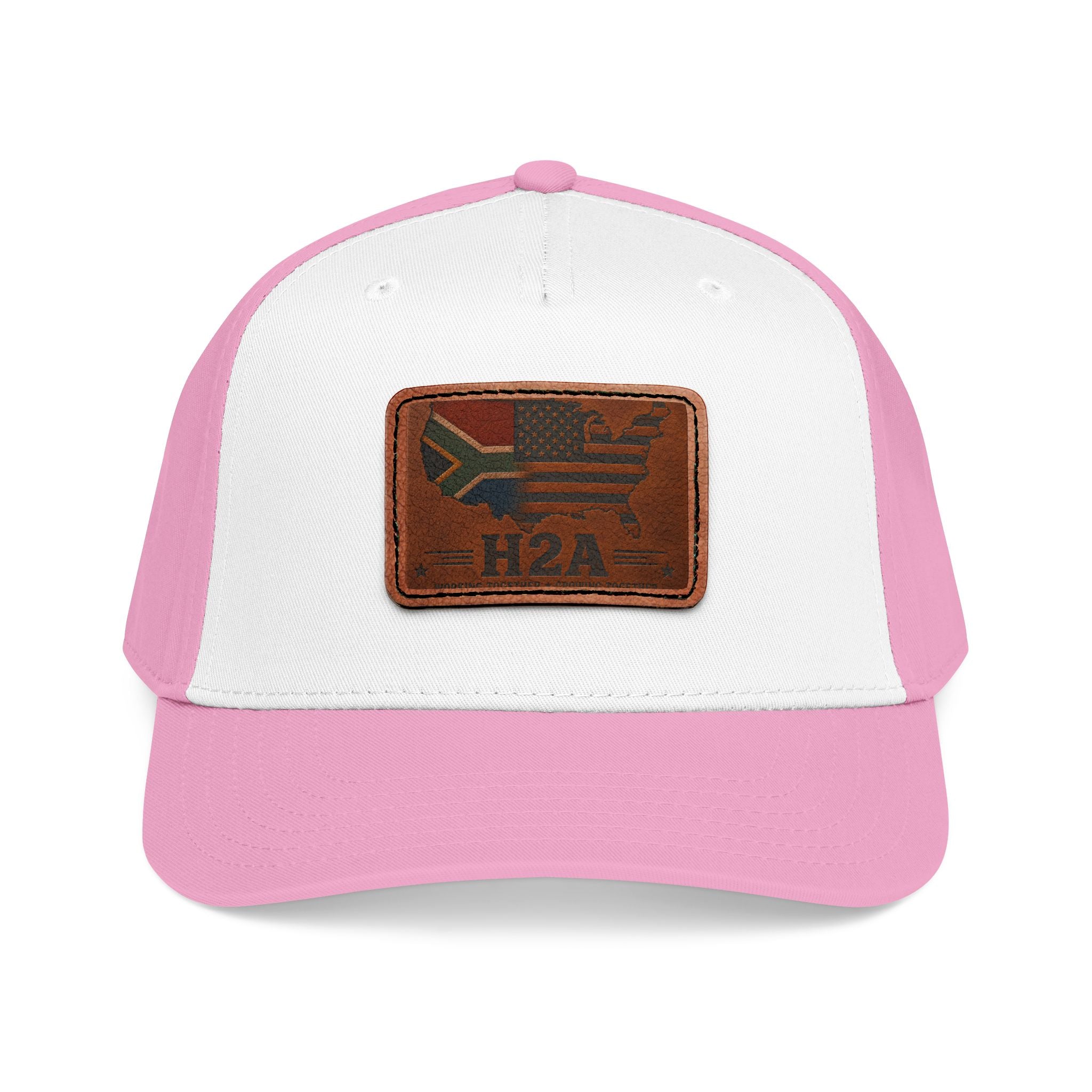 Pink and white baseball cap with rectangular H2A flag leather patch