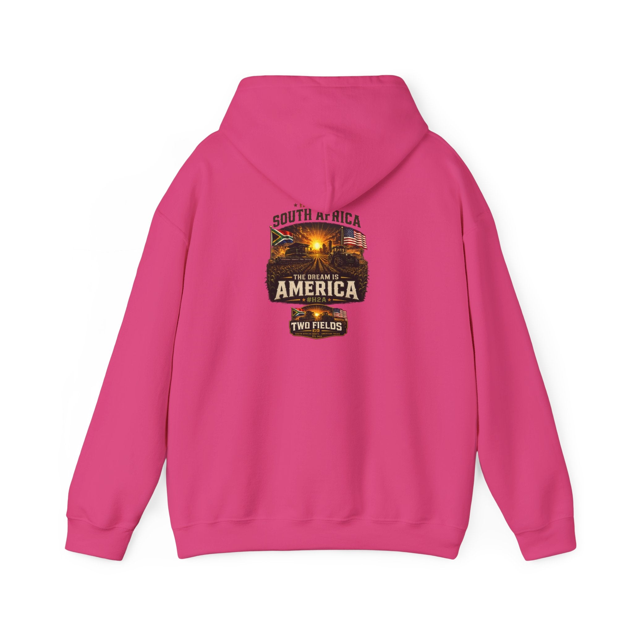 Pink pullover hoodie with 'South Africa America' vintage travel graphic on back