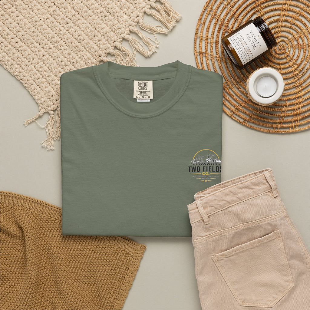 Olive green T-shirt with small Two Fields Co arched logo graphic on chest