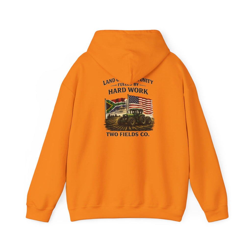 Orange hoodie with front tractor graphic, “Hard Work” text, and “Two Fields Co.”