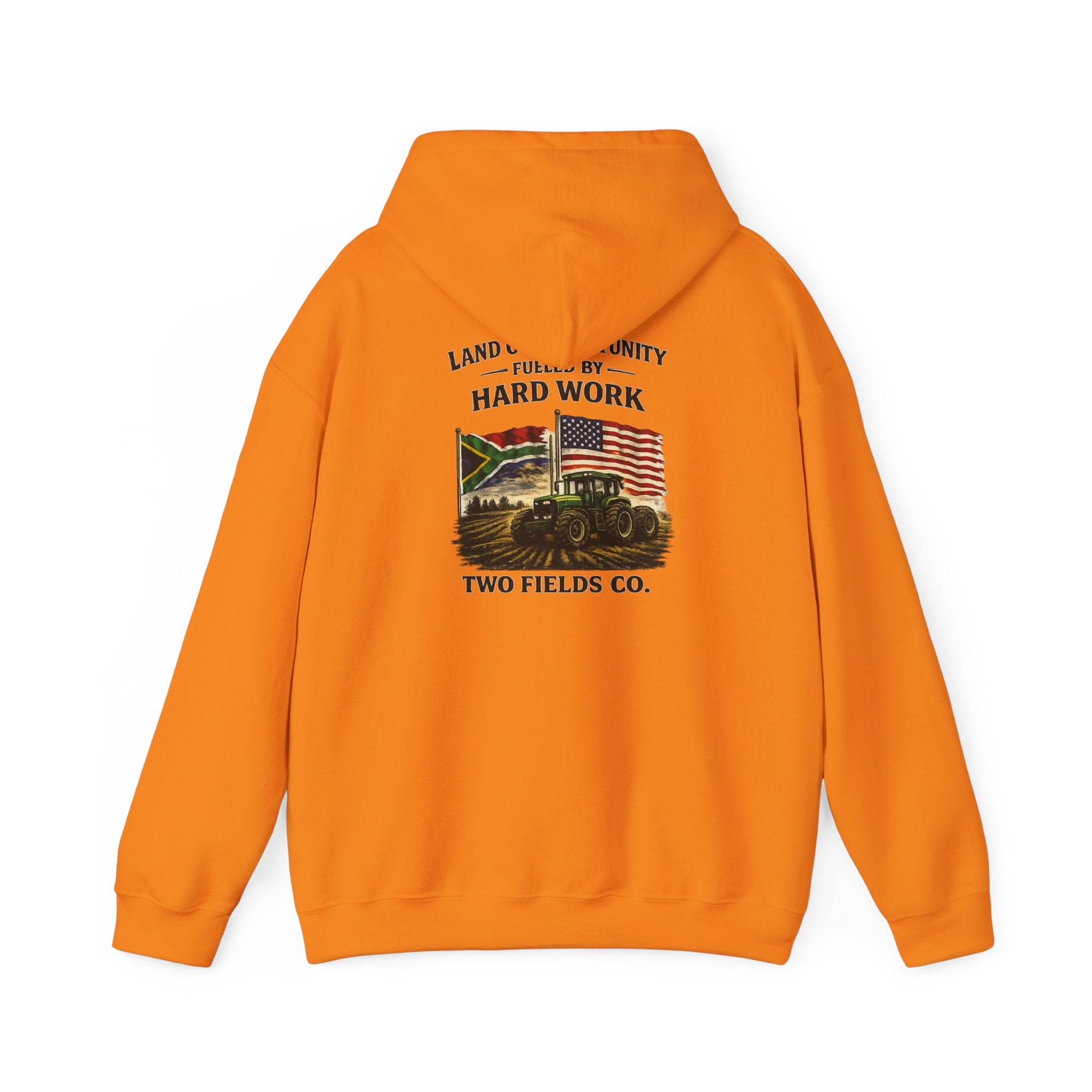 Orange hoodie with front tractor graphic, “Hard Work” text, and “Two Fields Co.”