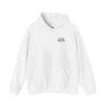 White Two Fields tractor hoodie with hood and front pouch; small chest logo