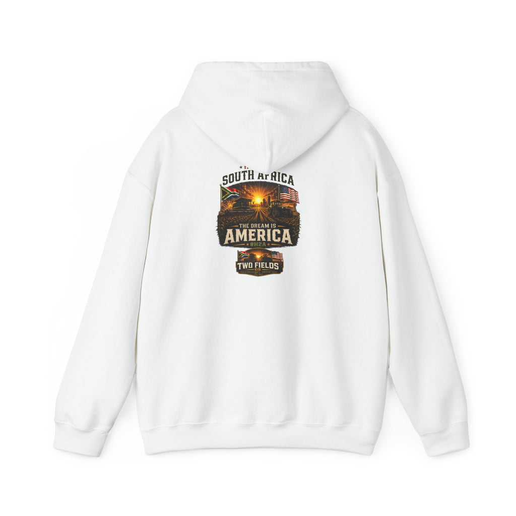 White pullover hoodie shown from the back with large America graphic print