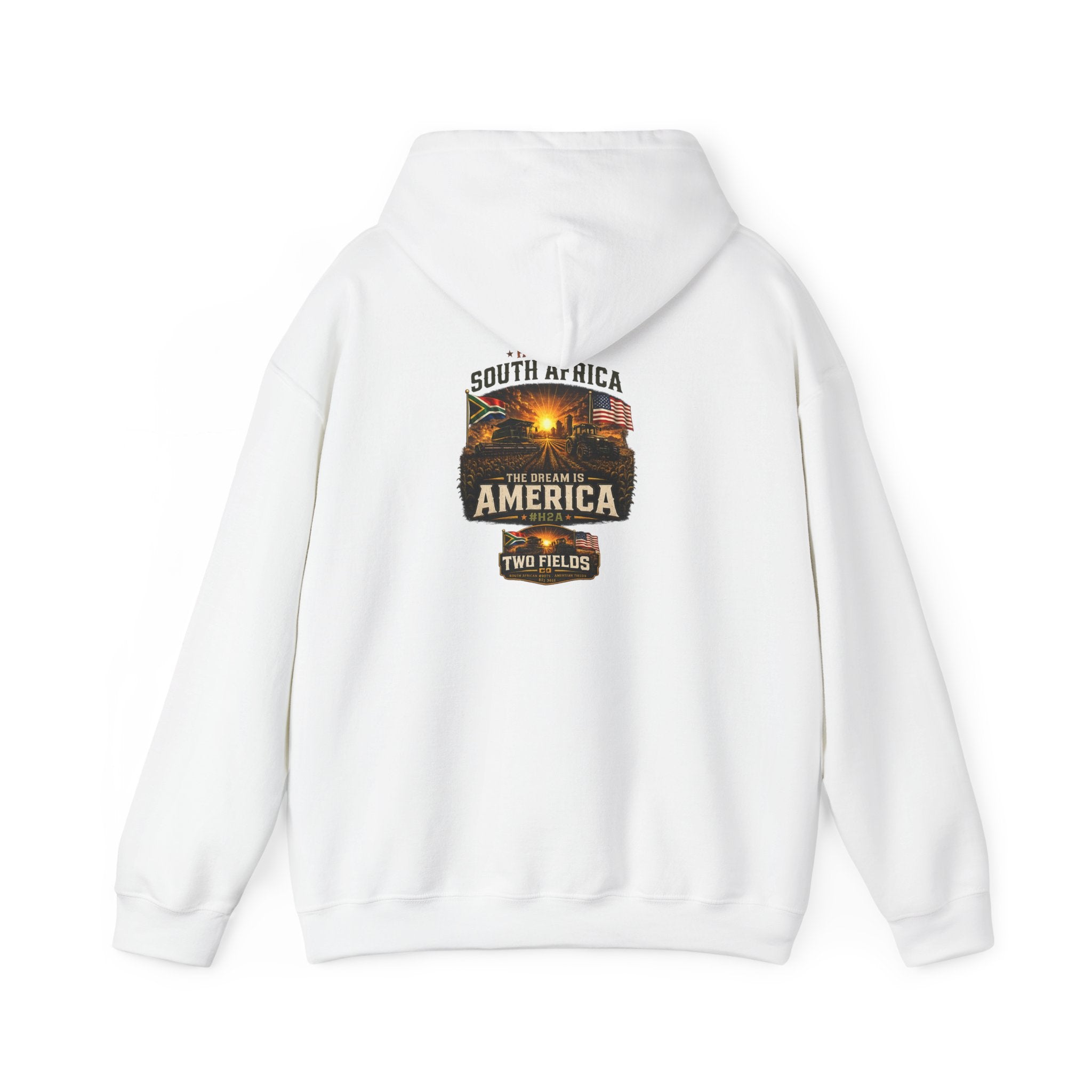White pullover hoodie shown from the back with large America graphic print
