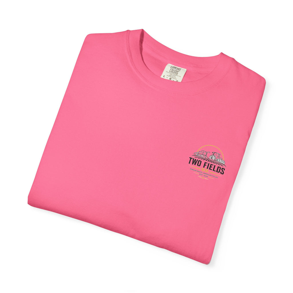 Bright pink crew-neck T-shirt with small Two Fields Co. chest logo