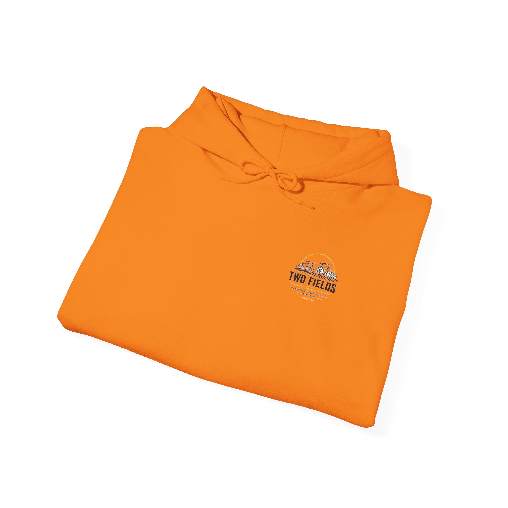 Folded orange hoodie with hood strings and small chest logo graphic