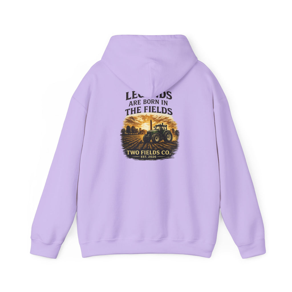 Lavender pullover hoodie with tractor scene graphic and 'Two Fields Co.' logo