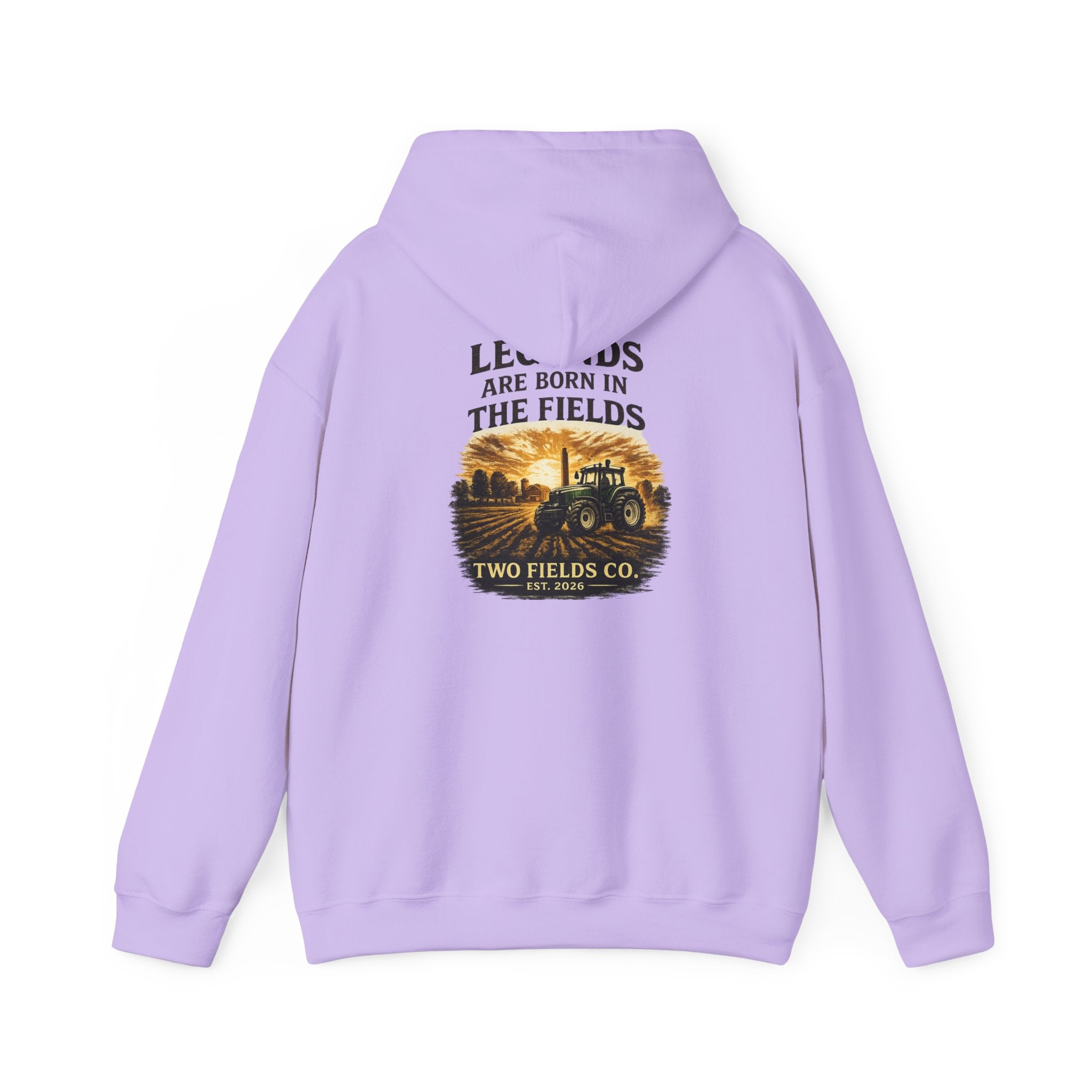 Lavender pullover hoodie with tractor scene graphic and 'Two Fields Co.' logo