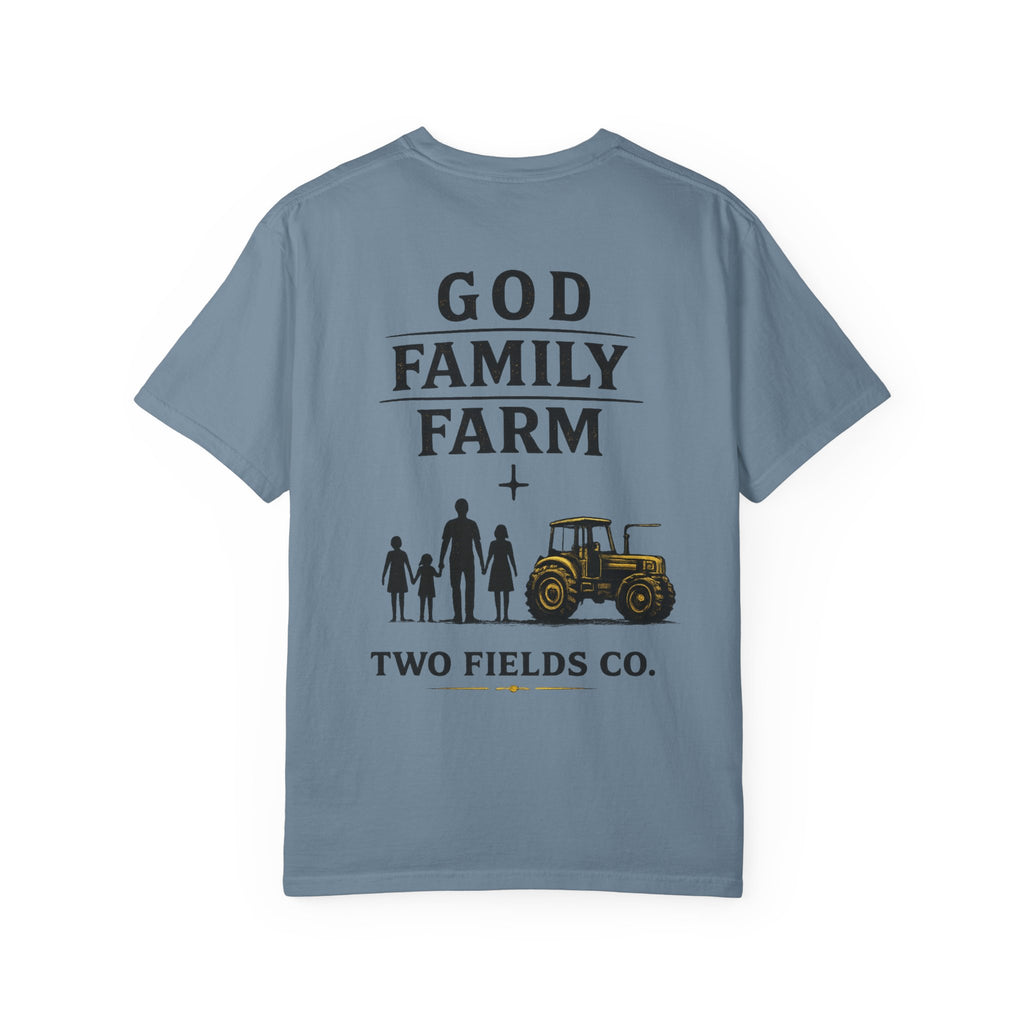 Blue T-shirt with “GOD FAMILY FARM” text and tractor family graphic on front