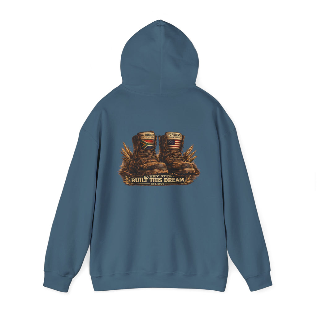 Blue hooded sweatshirt with western graphic print on the back