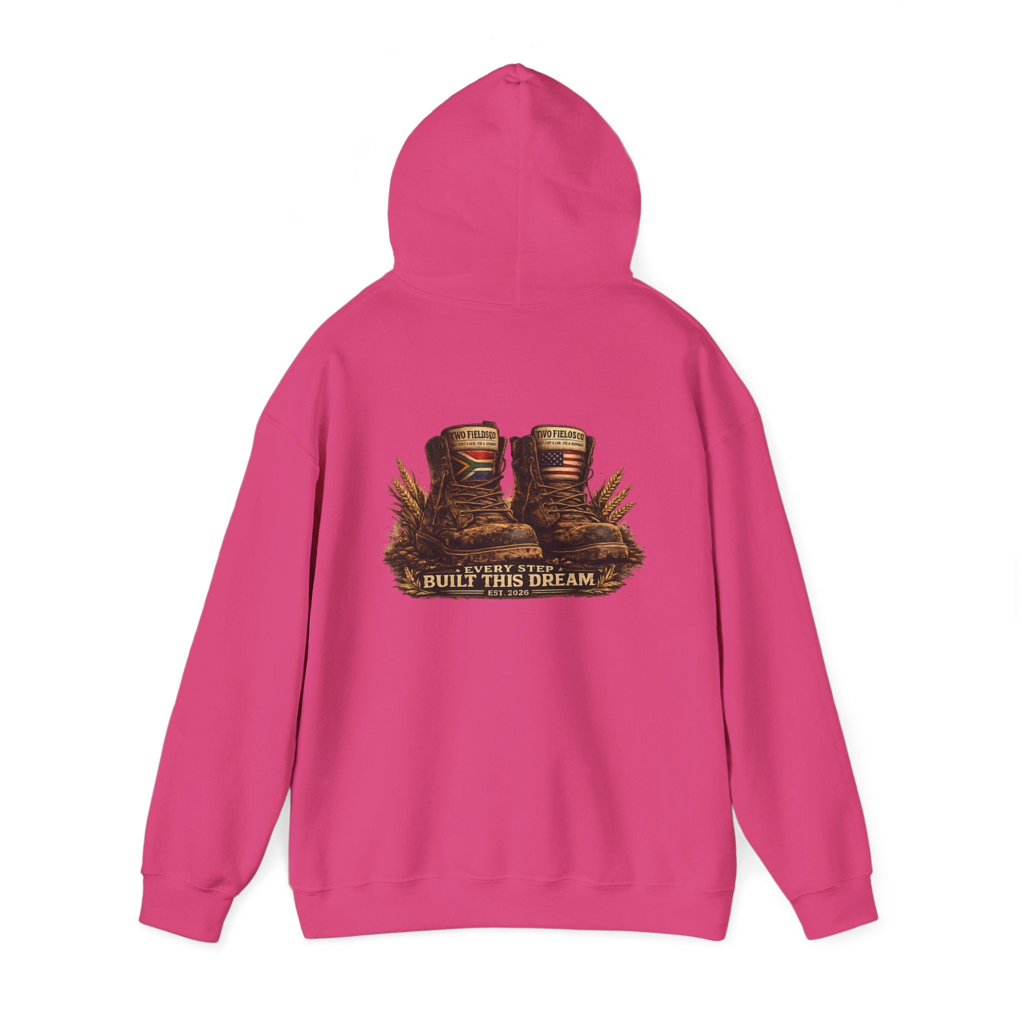 Magenta hoodie sweatshirt with hood and back boots graphic, 'BUILD THIS DREAM' text