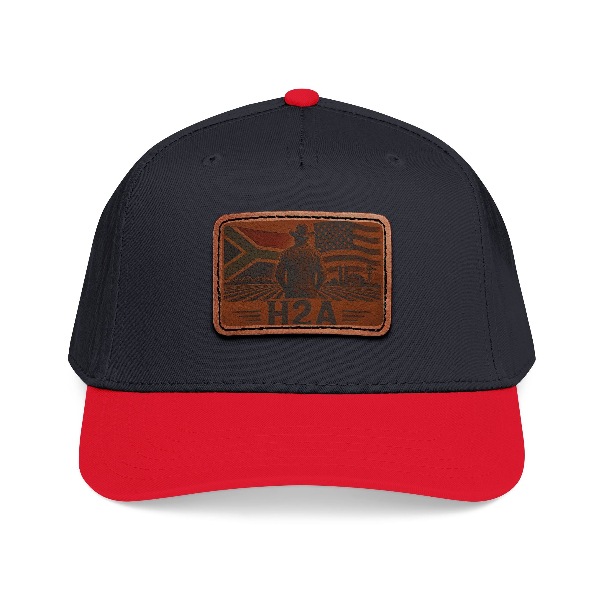 Navy and red two-tone baseball cap with rectangular H2A flag silhouette patch