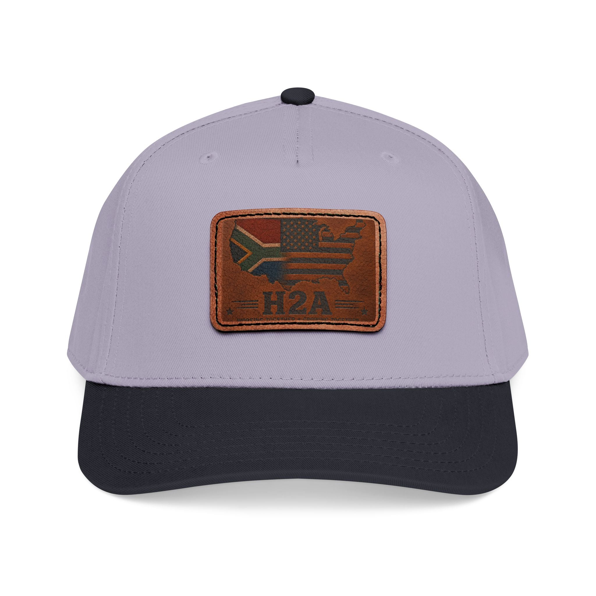 Light gray and black leather patch baseball cap with rectangular H2A flag patch