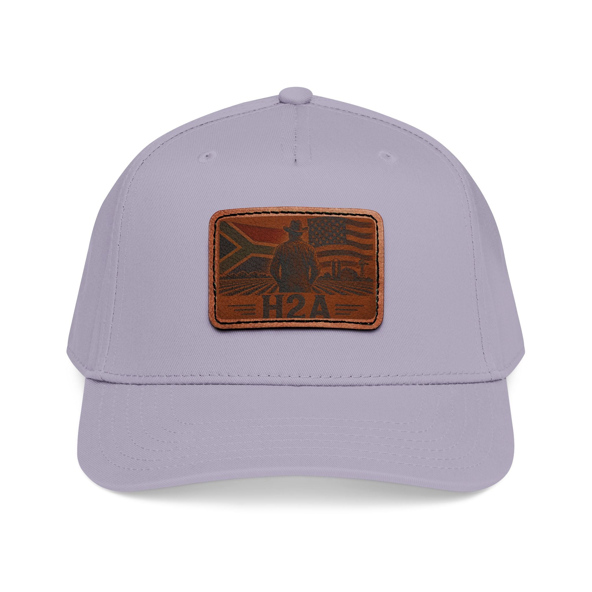 Light purple baseball cap with rectangular H2A leather patch on the front.