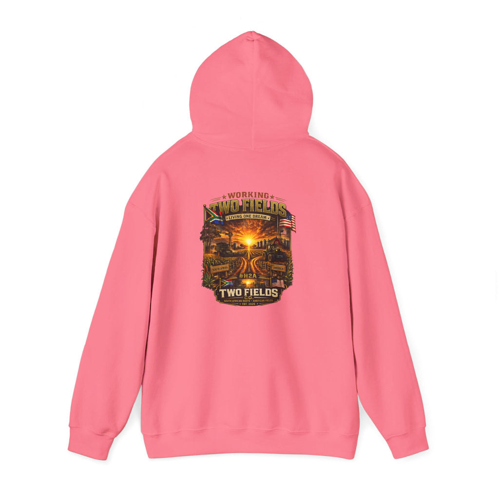 Coral red hoodie with hood and back scenic farm graphic