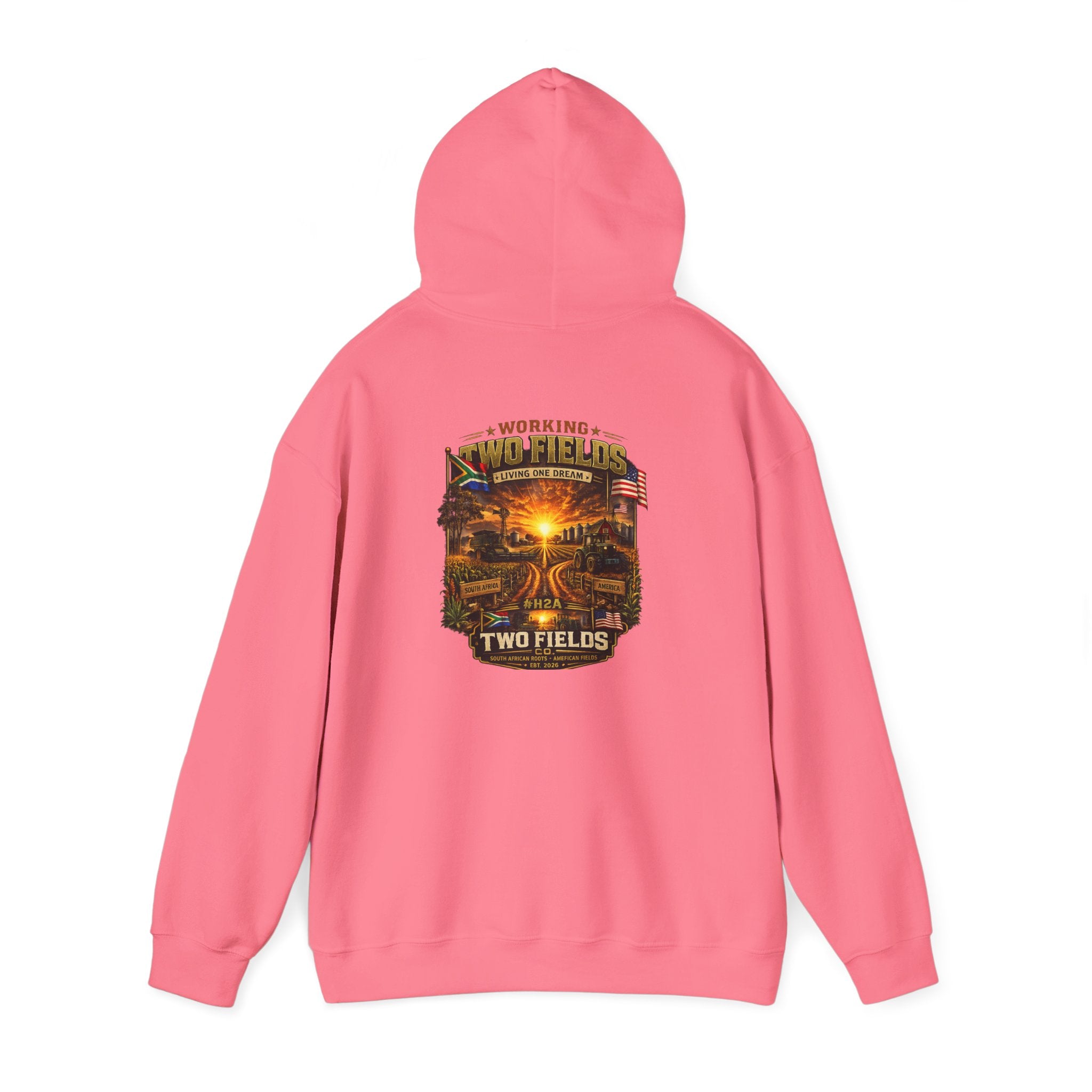 Coral red hoodie with hood and back scenic farm graphic