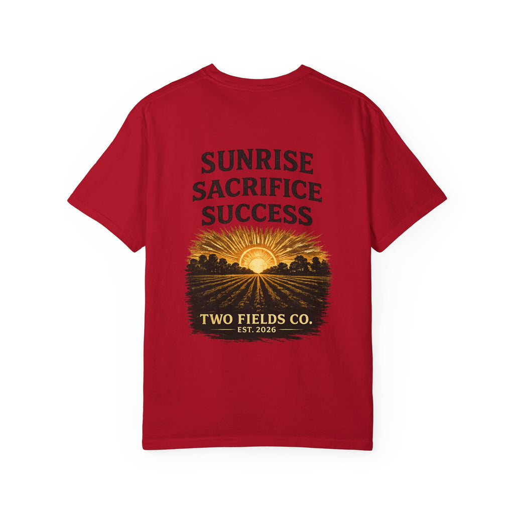 Red short-sleeve T-shirt front with Sunrise Sacrifice Success sun graphic and Two Fields Co.